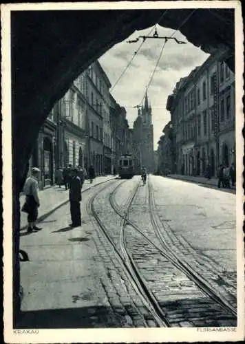 Ak Kraków Krakau Polen, Blick auf die Floriangasse in  Straßenbahn, alte Architektur
