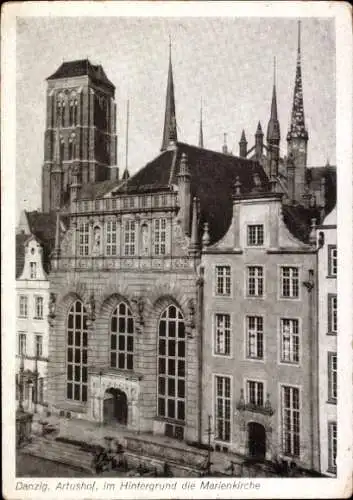 Ak Gdańsk Danzig, Artushof, Marienkirche im Hintergrund,  Architektur