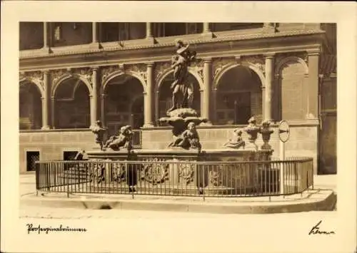 Ak Poznań Posen, Brunnen mit Figuren, Architektur, schwarz-weiß Fotografie