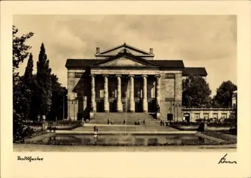 Ak Poznań Posen, Stadttheater, klassischer Baustil, mehrere Säulen, Wasserfläche im Vordergrund