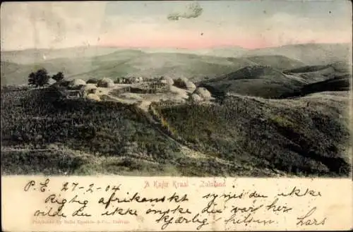 Ak Zululand KwaZulu-Natal Südafrika, Landschaft mit Kraal, Hütten, sanfter Hügel, Text vom 27-2-0