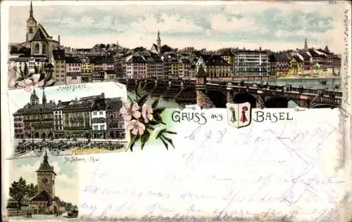 Litho Basel Stadt Schweiz, Totale, Marktplatz, St. Johann Tor