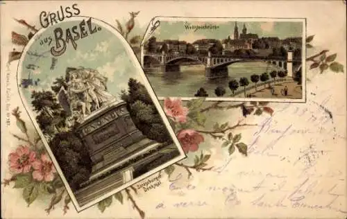 Litho Basel Stadt Schweiz, Wettsteinbrücke, Strassburger Denkmal