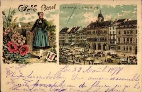 Litho Basel Stadt Schweiz, Rathaus, Marktplatz, Frau in Tracht