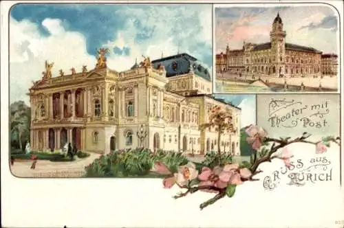 Litho Zürich Stadt Schweiz, Theater mit Post