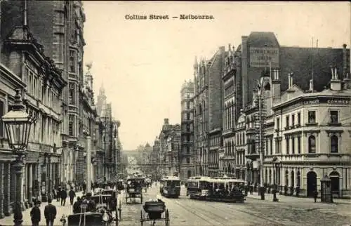 Ak Melbourne Australien, Straße mit Gebäuden, Straßenbahnen, Fuhrwerken,  Stadtansicht