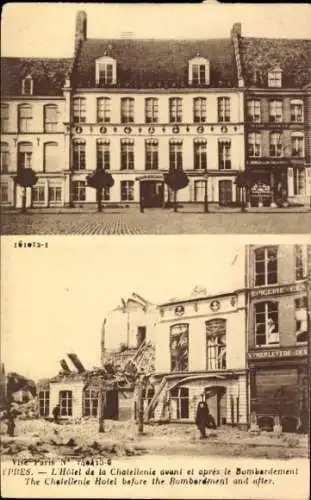 Ak Ypres Ypern Westflandern, Hôtel de la Châtellenie, vor und nach dem Bombardement