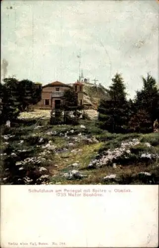 Ak Jaufenpass Südtirol Italien, Schutzhaus am Penegal, Obelisk, 1738 Meter hoch, Landschaft mit B