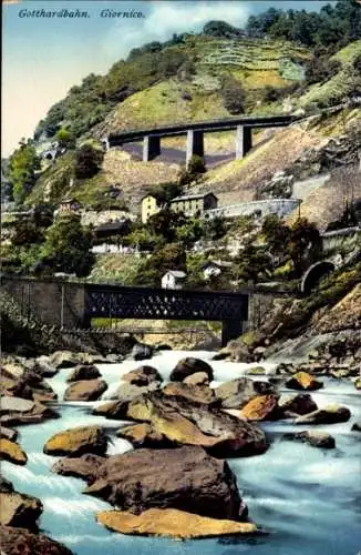 Ak Giornico Kanton Tessin, Gotthardbahn,  Brücke, Berge, Fluss, Farbige 