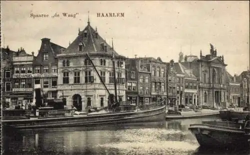 Ak Haarlem Nordholland Niederlande, Hafenansicht, alte Gebäude, Schiffe, Straße