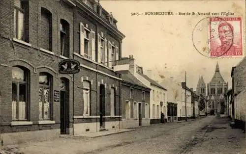 Ak Bonsecours Seine Maritime, Straße mit Häusern, Kirche im Hintergrund, Poststempel, Adresse