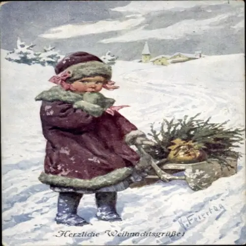 Künstler Ak Feiertag, K., Glückwunsch Weihnachten, Mädchen, Schlitten, Tannenbaum