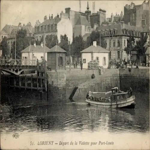 Ak Lorient Morbihan, Hafenansicht, Boot, Gebäude, Personen, Abfahrt zur Vedette nach Port-Louis