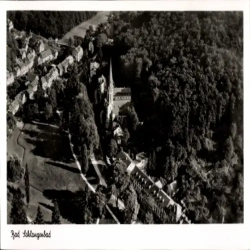 Ak Schlangenbad im Taunus Hessen, Luftaufnahme, Kirche, Wohngebäude, Wald, Park