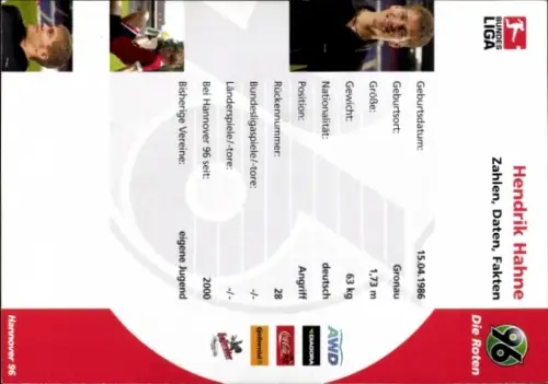 Autogrammkarte Fußballer Hendrik Hahne, Hannover 96, Autogramm