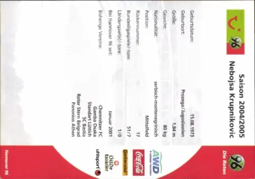 Autogrammkarte Fußballer Nebojsa Krupnikovic, Hannover 96, Autogramm