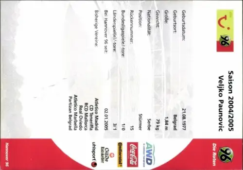 Autogrammkarte Fußballer Veljko Paunovic, Hannover 96, Autogramm