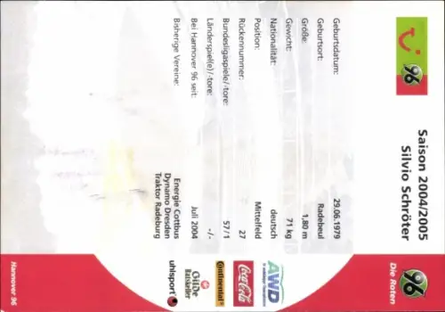 Autogrammkarte Fußballer Silvio Schröter, Hannover 96, Autogramm