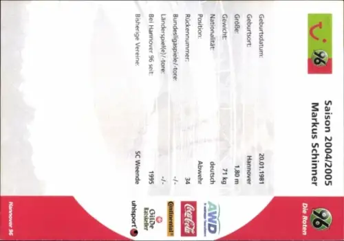 Autogrammkarte Fußballer Markus Schinner, Hannover 96, Autogramm