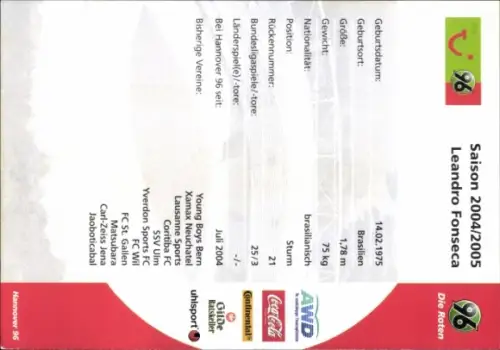 Autogrammkarte Fußballer Leandro Fonseca, Hannover 96, Autogramm