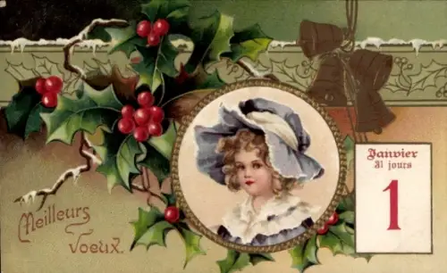 Präge Litho Glückwunsch Neujahr, Mädchen, Portrait, Glocken