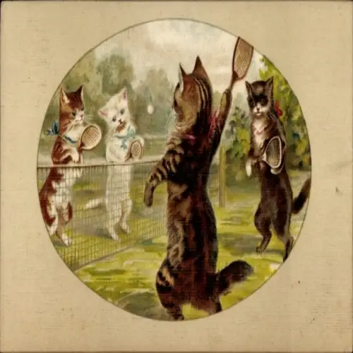 Passepartout Litho Vermenschlichte Katzen, Tennisspiel