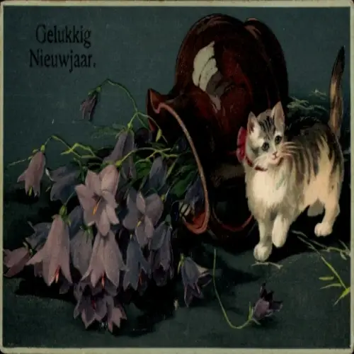 Präge Ak Glückwunsch Neujahr, Katze, umgefallene Blumenvase