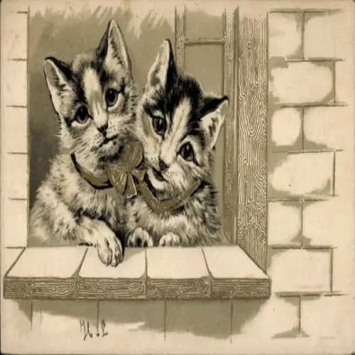 Präge Litho Zwei  Katzen am Fenster, Schleife