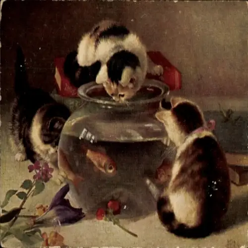 Künstler Ak Drei Katzen beobachten Goldfische, Blumen