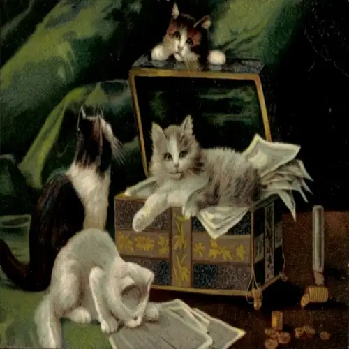 Künstler Ak Vier Katzen, Schatulle