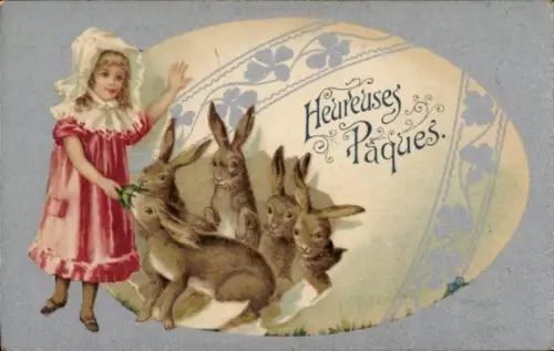 Ak Glückwunsch Ostern, Mädchen, Osterhasen, Osterei