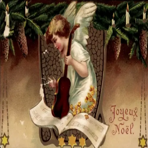 Ak Frohe Weihnachten, Engel, Tannenzweig, Geige, Sterne