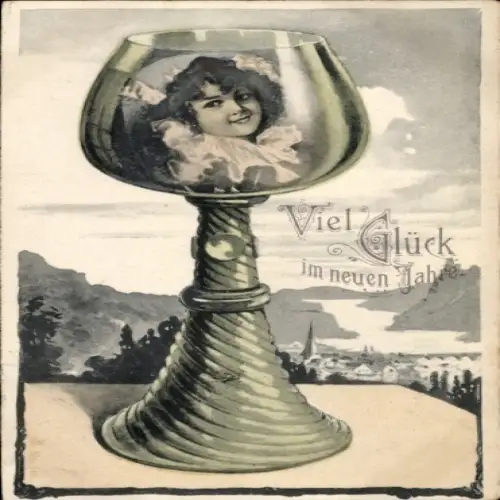 Ak Glückwunsch Neujahr, Weinglas, Frauenportrait