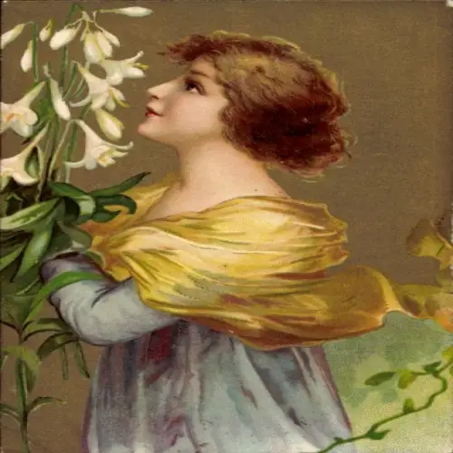 Künstler Ak Frauenbildnis, Blumen