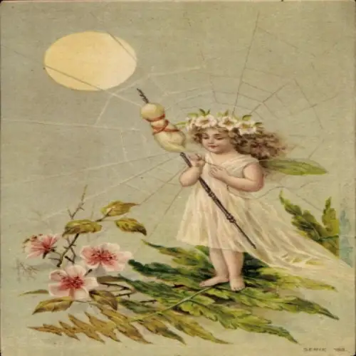 Litho Elfe mit Spindel, Spinnennetz, Blumen