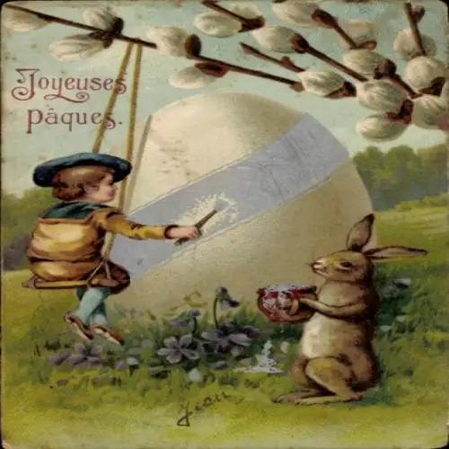 Ak Glückwunsch Ostern, Junge und Osterhase bemalen Osterei