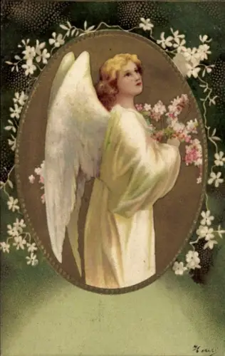 Präge Passepartout Ak Engel, Blumen