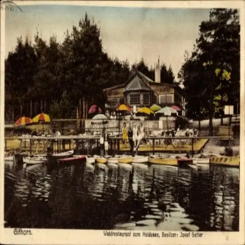 Ak Gifhorn in Niedersachsen, Waldrestaurant zum Heidesee, Boote, Sonnenschirme, Wasser