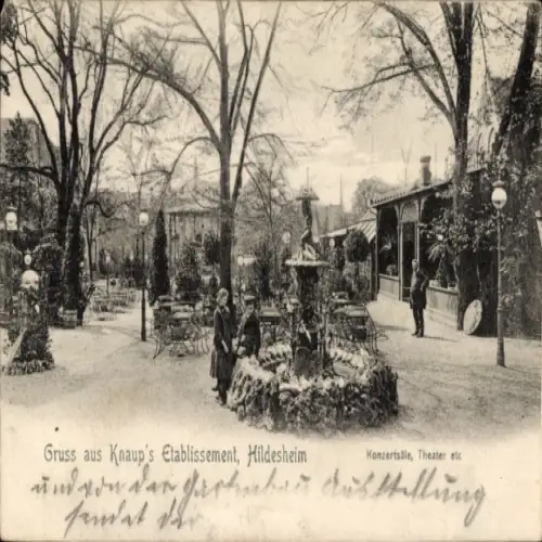 Ak Hildesheim in Niedersachsen, Brunnen, Garten, Stühle, Bäume, Menschen, Knaup's Etablissement