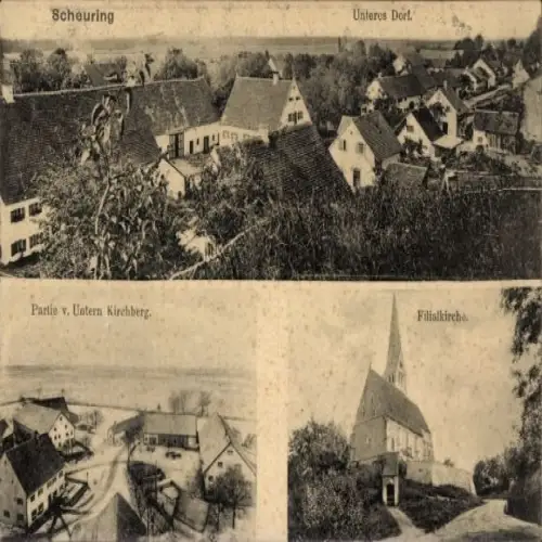Ak Scheuring in Oberbayern,  Unteres Dorf, Filialkirche, Partie v. Untern Kirchberg