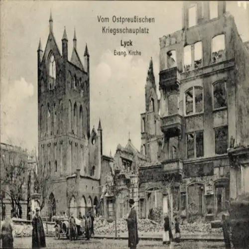 Ak Ełk Lyck Masuren Ostpreußen, Zerstörte Gebäude, Evang. Kirche, Kriegsschauplatz, Ruinen