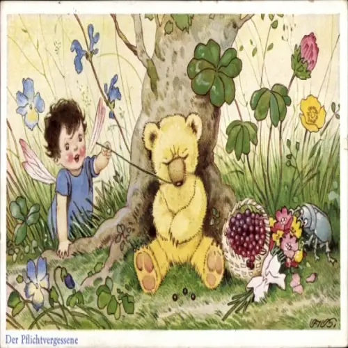 Künstler Ak Baumgarten, F., Pflichtvergessene, Kind, Blumen, Teddy