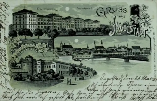 Mondschein Litho Ingolstadt an der Donau Oberbayern, Gesamtansicht, Kaserne