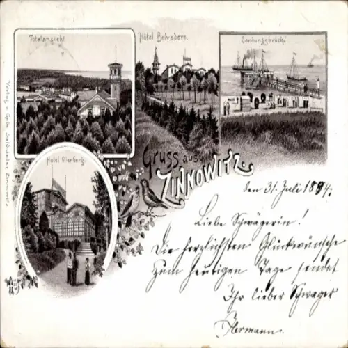 Vorläufer Litho Ostseebad Zinnowitz auf Usedom, Gesamtansicht, Hotel Belvedere, Landungsbrücke