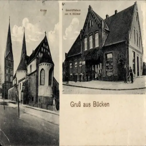 Ak Bücken in Niedersachsen, Kirche, Geschäftshaus