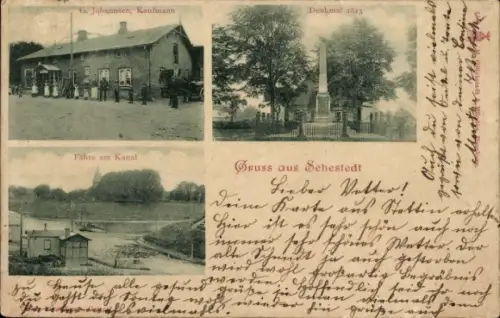 Ak Sehestedt am Nord Ostsee Kanal, Fähre, Kanal, Denkmal