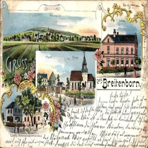Litho Breitenborn Rochlitz Sachsen, Gesamtansicht, Kirche, Schule, Pfarre
