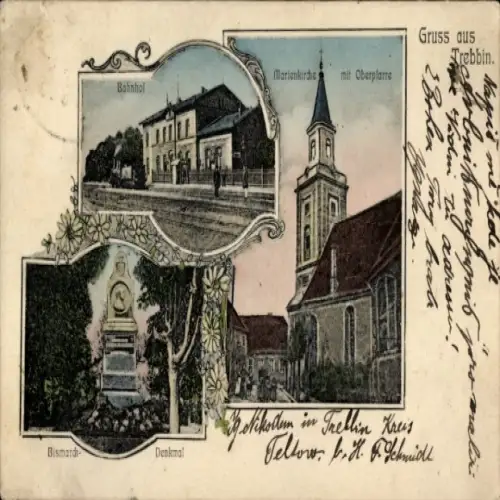 Ak Trebbin im Kreis Teltow Fläming, Bahnhof, Bismarckdenkmal, Marienkirche mit Oberpfarre