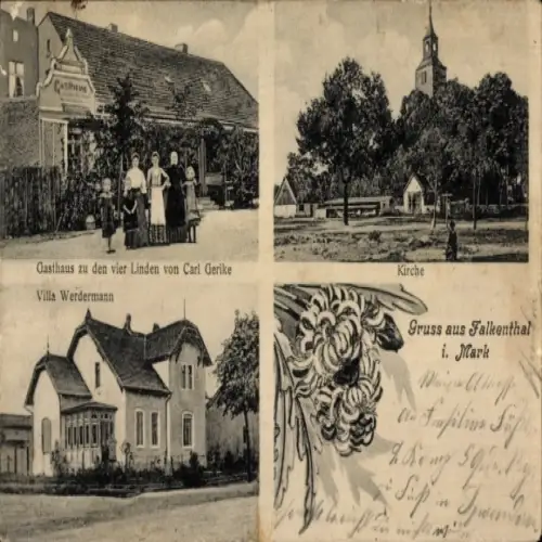 Ak Falkenthal Löwenberger Land Brandenburg, Gasthaus zu den vier Linden, Kirche, Villa Werdermann