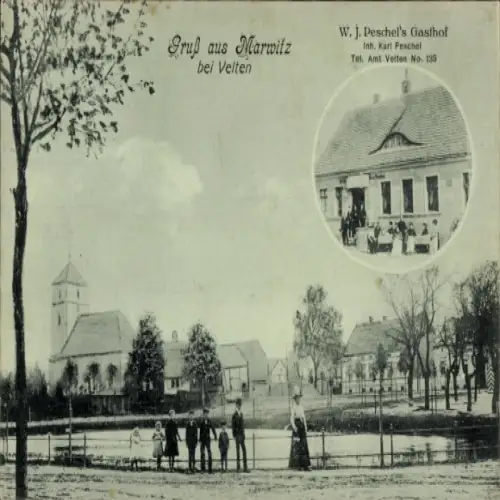 Ak Marwitz Velten in der Mark, Teilansicht, Kirche,  W. J. Peschels Gasthof, Inh. Karl Peschel